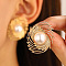 Alloy Stud Earrings, with Plastic Imitation Pearl Beads, Golden, Oval, 50mm