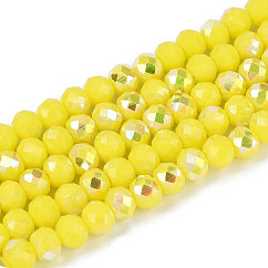 AB Color Plated Opaque Glass Rondelle Beads Strands, Faceted, Yellow, 4.5x3.5mm, Hole: 0.7~1mm, about 108~116pcs/strand, 14.76~16.73''(37.5~42.5cm)