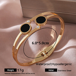 304 Stainless Steel Micro Pavel Clear Cubic Zirconia and Black Enamel Hinged Cuff Bangles for Women, Golden, Flat Round, Inner Diameter: 2.36 inch(6cm)