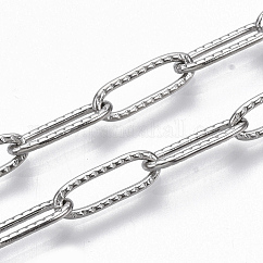 Tarnish Resistant 304 Stainless Steel Textured Paperclip Chains, Drawn Elongated Cable Chains, Soldered, Stainless Steel Color, 12x4x1mm, about 39.37 inch(1m)/strand