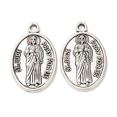 Religion Tibetan Style Alloy Pendants, Oval with ST Jude Charms, Lead Free & Cadmium Free, Antique Silver, 26x16.5x3mm, Hole: 1.5mm, about 307pcs/1000g