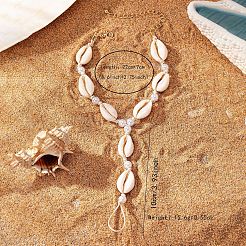 Bohemian Style Natural Cowrie Shell & Plastic Imitation Pearl & Waxed Cord Adjustable Toe Ring Anklets&nbsp;FS-WG74F62-01