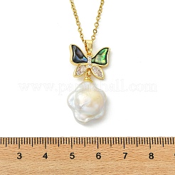 Brass Pave Clear Cubic Zirconia and Natural Abalone Shell Butterfly and Natural Baroque Keshi Pearl Flower Pendant 304 Stainless Steel Cable Chain Necklaces for Women&nbsp;NJEW-JN06116