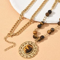 304 Stainless Steel Flat Round Pendant Round Natural Tiger Eye Beaded Chain Necklaces&nbsp;SA-CBA2C2A-01G