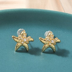 Starfish Brass Micro Pave Clear Cubic Zirconia Stud Earrings&nbsp;EJEW-Z152-03G