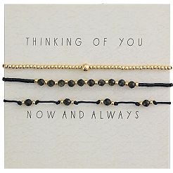 3Pcs 3 Styles Natural Golden Sheen Obsidian & Brass Round Beads Adjustable Bracelets & Brass Round Beads Stretch Braclets for Women&nbsp;TQ6408-3