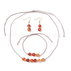 Round Natural Striped Agate/Banded Agate Beaded Necklace & Bracelet & Dangle Earring Sets&nbsp;SJEW-JS01328