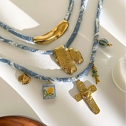 3Pcs 3 Styles Bohemian 316 Surgical Stainless Steel & Porcelain Pendant Blue Printed Cord Necklaces&nbsp;WG87915-04