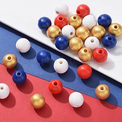 160 Pcs 4 Colors 4 July American Independence Day Painted Natural Wood Round Beads&nbsp;WOOD-LS0001-01A