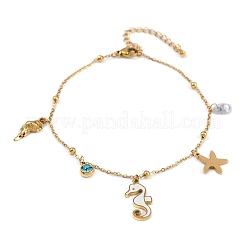 304 Stainless Steel Pave Deep Sky Blue Cubic Zirconia Enamel Sea Horse Starfish Conch Charm Anklets for Women&nbsp;AJEW-G069-03G