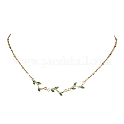 Brass Pave Cubic Zirconia Leafy Branch Link Chain Necklaces&nbsp;NJEW-JN06070-01