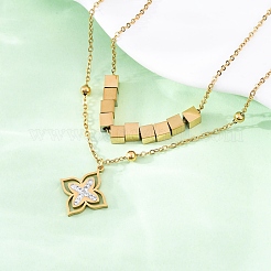 304 Stainless Steel Crystal Rhinestone Flower Pendant Double Layer Necklaces&nbsp;NJEW-R026-07G