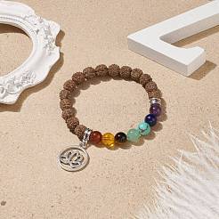 Natural Rudraksha Wood & Mixed Gemstone Stretch Bracelet with Alloy Lotus Charm&nbsp;BJEW-TA00151