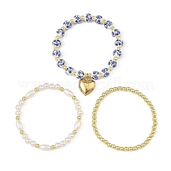 3Pcs 3 Styles Printed Porcelain Beads & Synthetic Hematite Beads & ABS Plastic Pearl & 316 Surgical Stainless Steel Heart Stretch Bracelets Sets for Women&nbsp;BJEW-JB14204-02
