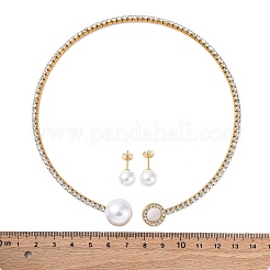 Round Plastic Imitation Pearl Stud Earrings & Cubic Zirconia Rhinestone Cuff Choker Necklaces Sets&nbsp;SJEW-U003-05G