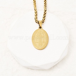 201 Stainless Steel Oval Saint Benedict Medal Pendants Necklaces&nbsp;LS-NJEW-B154-01G