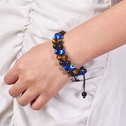 Natural Obsidian & Tiger Eye & Evil Eye Lampwork Braided Bead Bracelet&nbsp;BJEW-SW00001-20