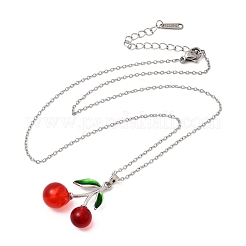 Brass Enamel & Resin Red Cherry Pendant 304 Stainless Steel Cable Chain Necklaces for Women&nbsp;NJEW-H092-01P