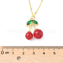 Brass Resin Fruit Cherry Pendant Satellite Chain Necklaces with Green Cubic Zirconia Leaf for Women&nbsp;NJEW-D306-03G
