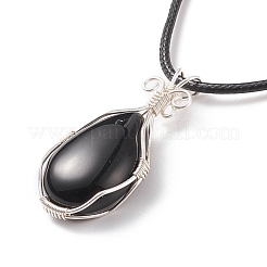Natural Obsidian Teardrop Pendant Necklaces Set with Waxed Cords for Women&nbsp;NJEW-TA00034-02