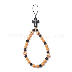 Halloween Round Glass Pearl & Glass & Handmade Polymer Clay Bat & Silicone Cross Beaded Phone Hand Strap Chains&nbsp;HJEW-MZ00278