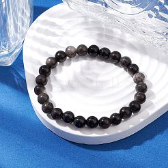 Natural Silver Obsidian Round Beaded Stretch Bracelets&nbsp;BJEW-JB11042