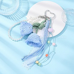 Handmade Cotton Yarn Crochet Lily of the Valley & ABS Pearl Round Bead & Polyester Cord Pendant Decorations&nbsp;HJEW-JM04387-01
