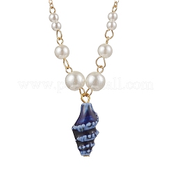 Summer Beach Handmade Porcelain Shell Shaped Pendant Brass & ABS Plastic Imitation Pearl Link Chain Necklaces&nbsp;NJEW-JN05272