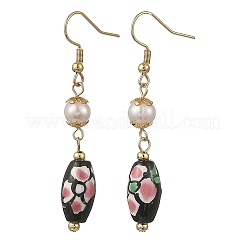 Printed Handmade Porcelain & Natural Freshwater Pearl Dangle Earrings&nbsp;EJEW-JE07374