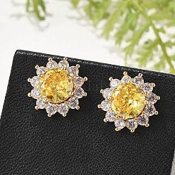 Flower Brass Micro Pave Clear Cubic Zirconia Stud Earrings for Women&nbsp;EJEW-G428-17G