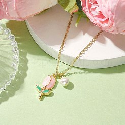 Alloy Enamel Tulip & Round Shell Pearl Pendants Necklaces&nbsp;NJEW-JN04786