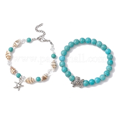2Pcs 2 Style Synthetic Turquoise & Glass & Shell Stretch Bracelets with Tortoise&nbsp;BJEW-JB10091-02