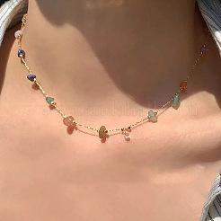 Mixed Gemstone Chip & Metal Handmade Link Chain Necklaces for Women&nbsp;WH-WGFD297-01