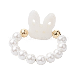 Round Shell Pearl & Brass Beads Stretch Rings&nbsp;RJEW-JR00689-01