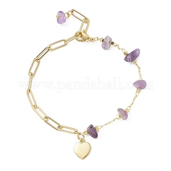 Natural Amethyst Chip Bead & Brass Paperclip Chains Bracelets&nbsp;BJEW-JB12715-01
