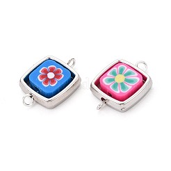 Polymer Clay Square with Flower Beads with CCB Plastic Square Frame Connector Charms&nbsp;CLAY-T022-31M