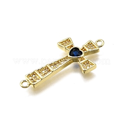 Brass Micro Pave Clear & Blue Cubic Zirconia Religion Heart Cross Connector Charms&nbsp;KK-Z100-22G-02