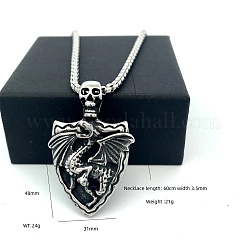 Vintage 304 Stainless Steel Skull Shield with Dragon Pendant Necklaces for Men&nbsp;IV2024