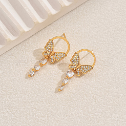 Elegant Butterfly Brass Pave Clear Cubic Zirconia Dangle Stud Earrings&nbsp;UU2168