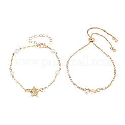 Brass Pave Clear AB Cubic Zirconia Bowknot Star Link Bracelet Sets for Women&nbsp;KK-CBA6599-03G