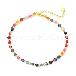 Faceted Round Natural Multi-Color Agate & Brass Beaded Anklets&nbsp;AJEW-AN00880