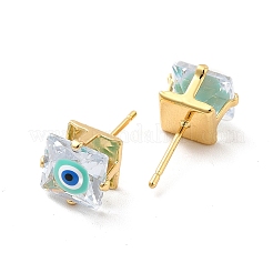 Glass Square with Enamel Evil Eye Stud Earrings&nbsp;EJEW-P210-03G-01