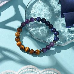 8mm Round Natural Tiger Eye & Natural Lapis Lazuli & Natural Amethyst & Non-Magnetic Synthetic Hematite Beaded Stretch Bracelets&nbsp;BJEW-JB10901-02