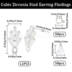 6 Pairs Leaf Shape Brass Cubic Zirconia Stud Earring Findings&nbsp;KK-CN0003-20P