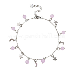 3Pcs 3 Colors 201 Stainless Steel Moon Star & Natural Dyed Malaysia Jade Round Charm Brass Bar Link Chain Anklets&nbsp;AJEW-AN00732