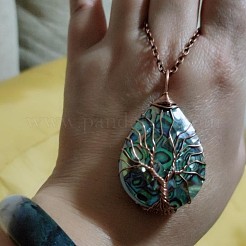 Double Sided Natural Paua Shell Copper Wire Wrapped Tree of Life Teardrop Pendant Necklaces&nbsp;FS-WG9357B-01