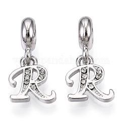 Platinum Rack Plating Alloy Rhinestone European Dangle Charms, Large Hole Pendants, Letter, Cadmium Free & Lead Free, Letter.R, 23~27mm, Hole: 4.5mm, Pendants: 13~16.5x6~14x2mm, hole: 2mm