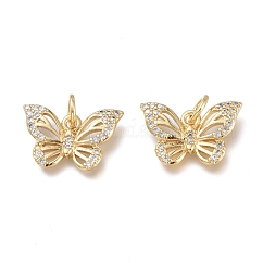 Brass Micro Pave Clear Cubic Zirconia Charms, with Jump Rings, Cadmium Free & Lead Free, Long-Lasting Plated, Butterfly, Real 18K Gold Plated, 14~15x9.5x2mm, Jump Ring: 5x1mm, Hole: 3.5mm