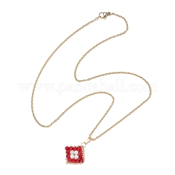 Natural Rainbow Moonstone and Handmade Glass Beaded Rhombus Pendant 304 Stainless Steel Cable Chain Necklaces&nbsp;NJEW-MZ00124-02