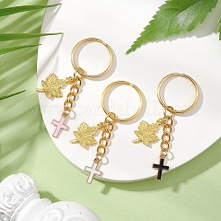 3Pcs 3 Colors Maple Leaf & Cross Alloy Enamel Charm Keychains&nbsp;KEYC-JKC00985